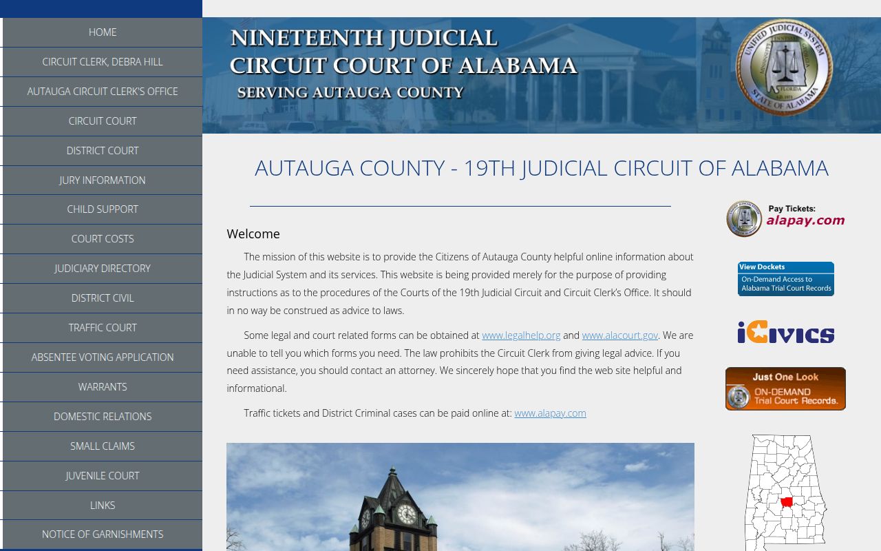 Autauga County Circuit Court website for bench warrant records
