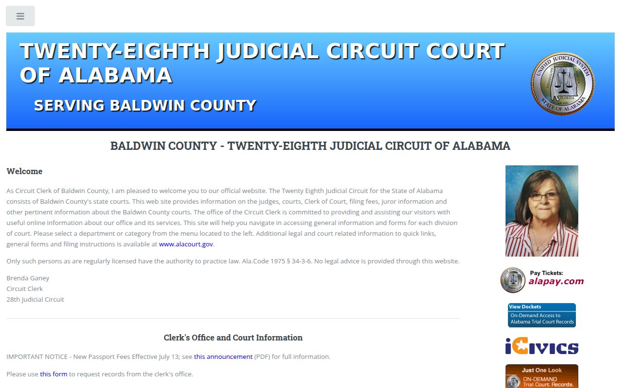 Baldwin County Circuit Court website for bench warrant records
