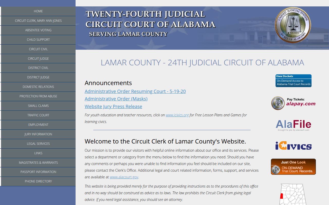 Lamar County Circuit Court website for bench warrant records