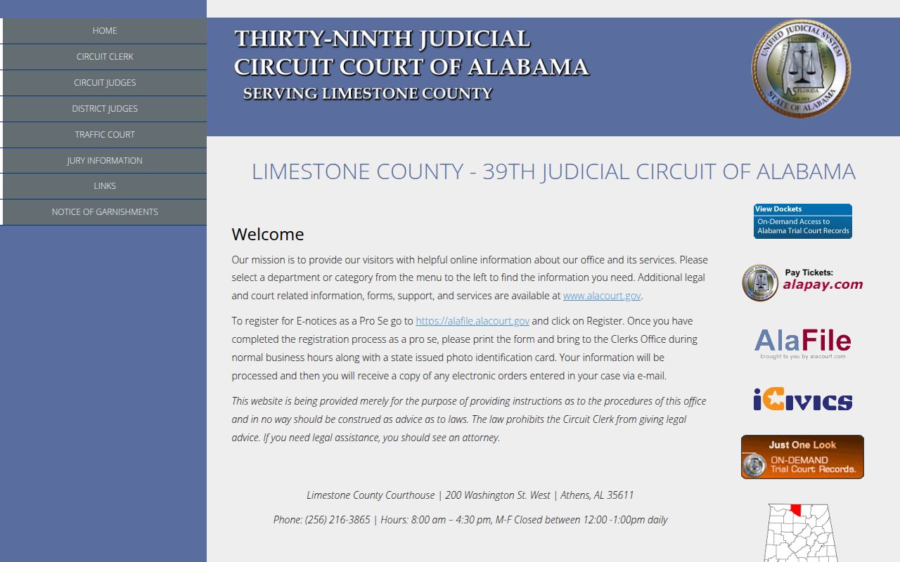 Limestone County Circuit Court website for bench warrant records