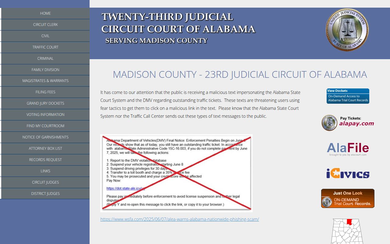 Madison County Circuit Court website for bench warrant records