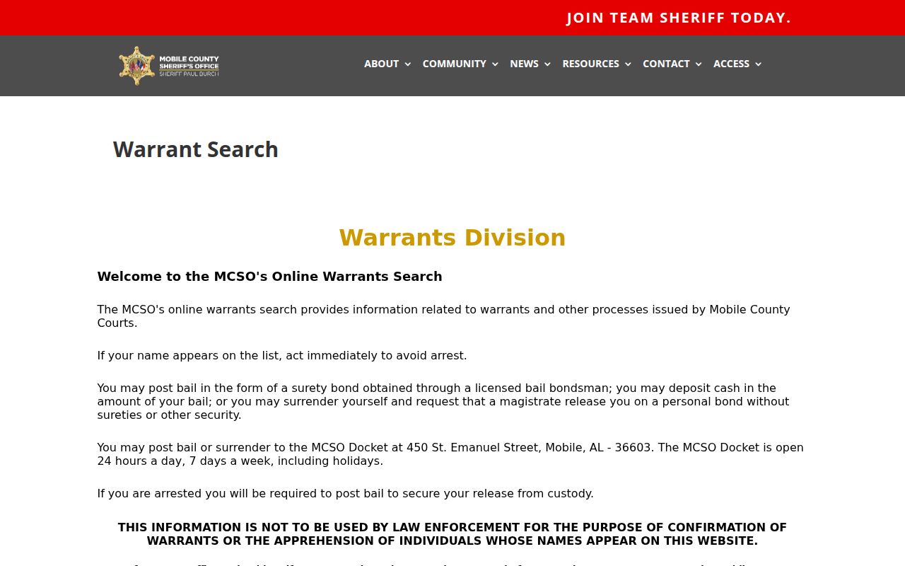 Mobile County Sheriff online warrant search tool