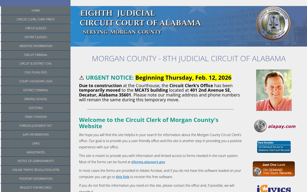 Morgan County Circuit Court website for bench warrant records