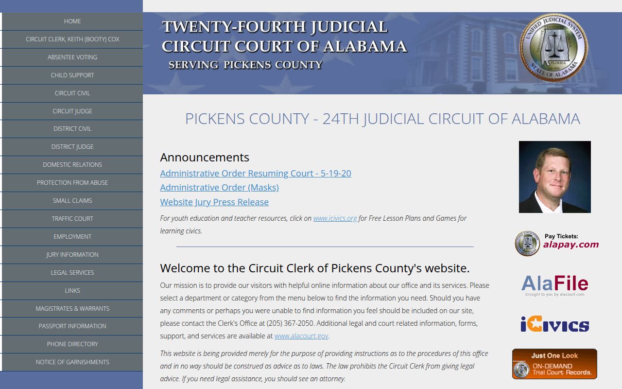 Pickens County Circuit Court website for bench warrant records