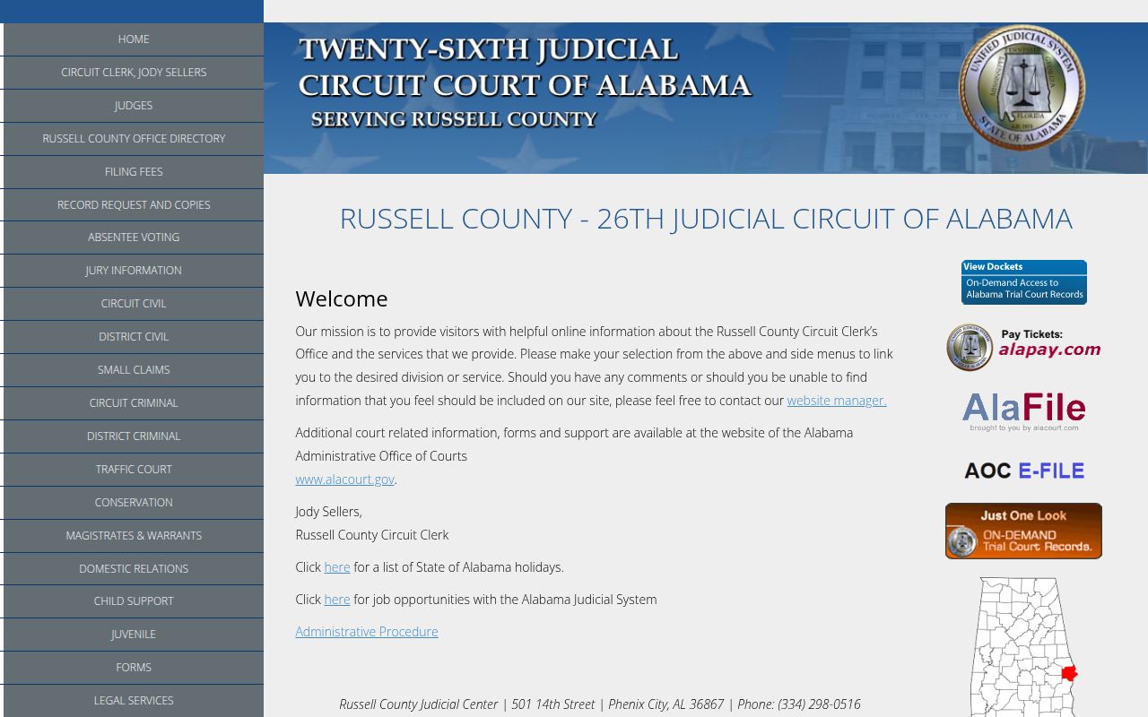 Russell County Circuit Court website for bench warrant records