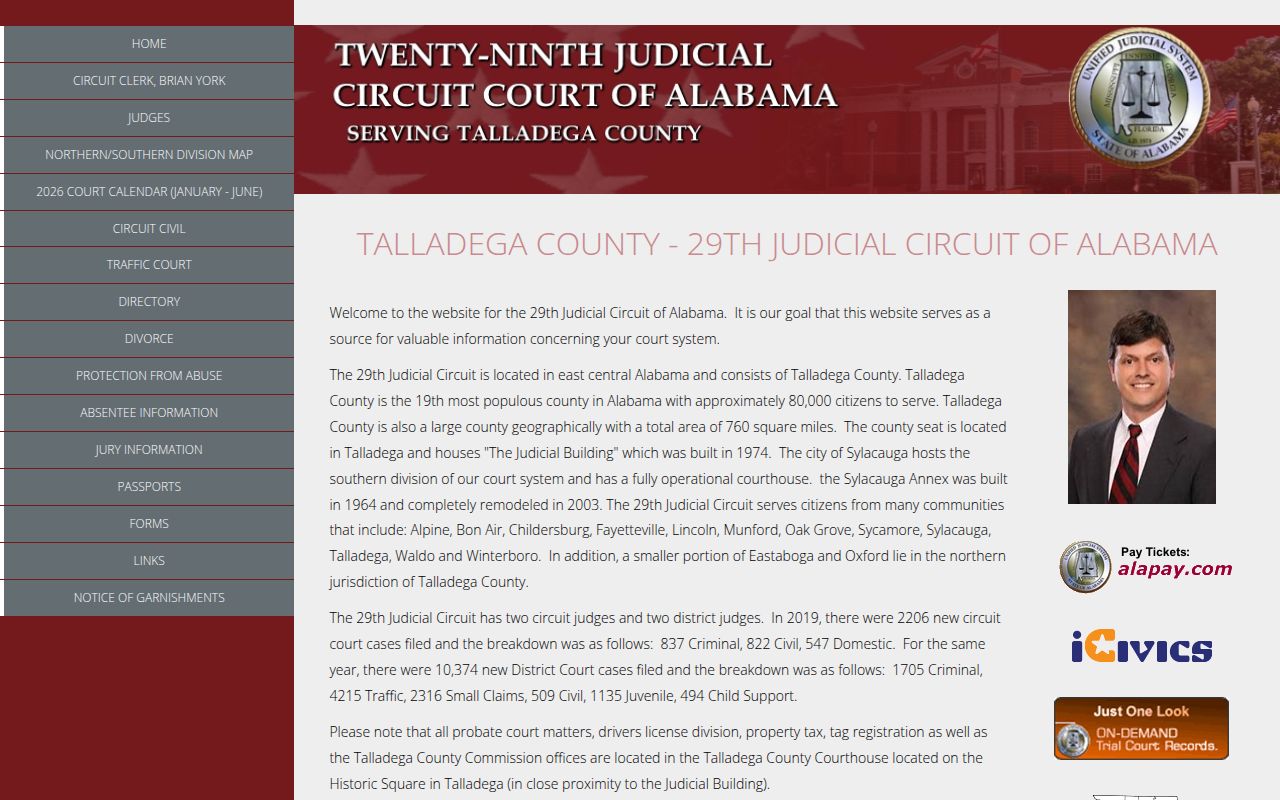 Talladega County Circuit Court website for bench warrant records