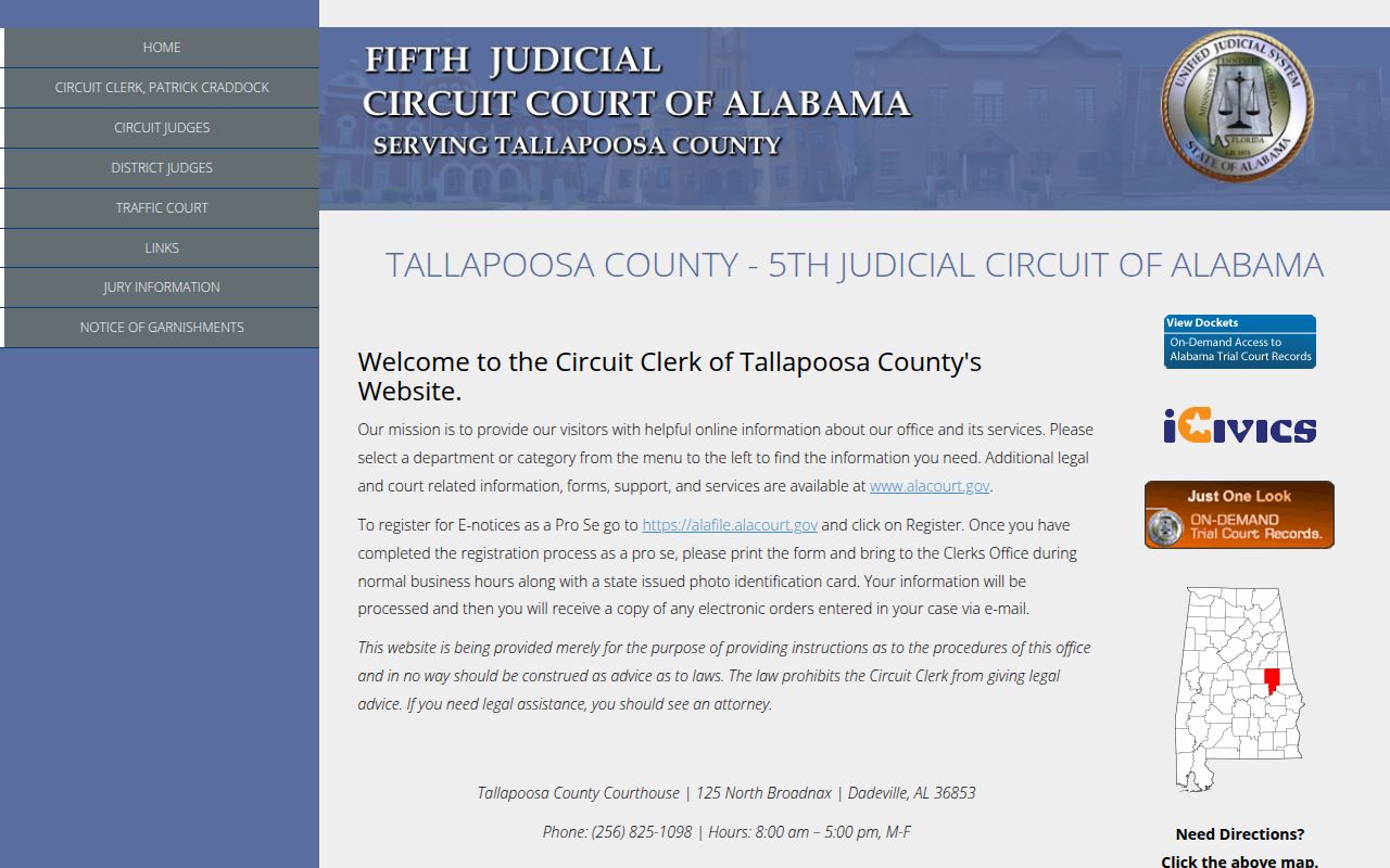 Tallapoosa County Circuit Court website for bench warrant records