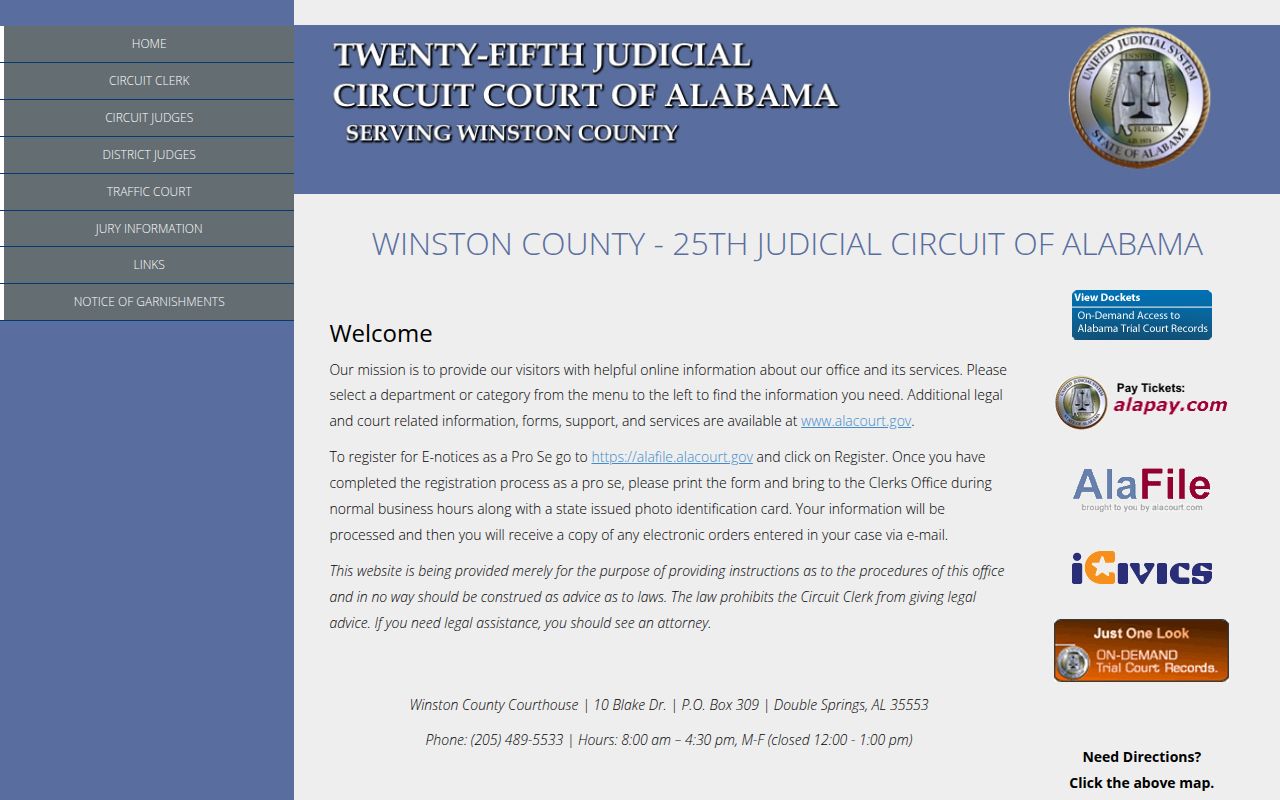 Winston County Circuit Court website for bench warrant records
