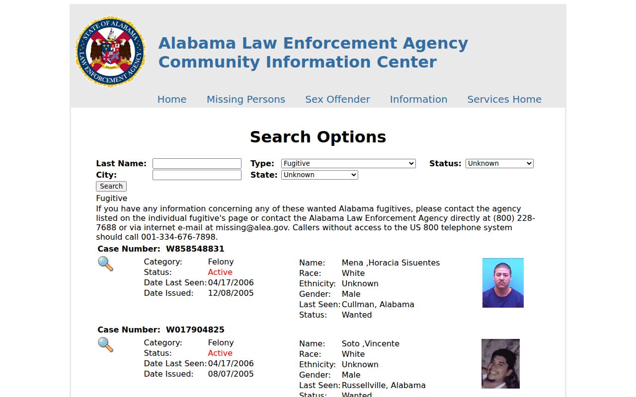 Alabama Law Enforcement Agency fugitive warrant search database